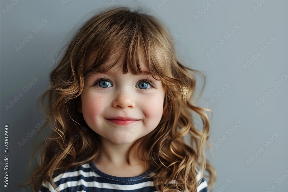Portrait of a cute little girl with curly hair on gray background Portrait of a cute little girl with curly hair on gray background