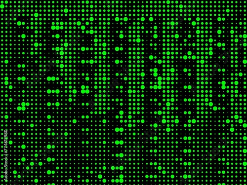 Neon green spots and dots of different sizes arranged to make a vertical column pattern on a black background