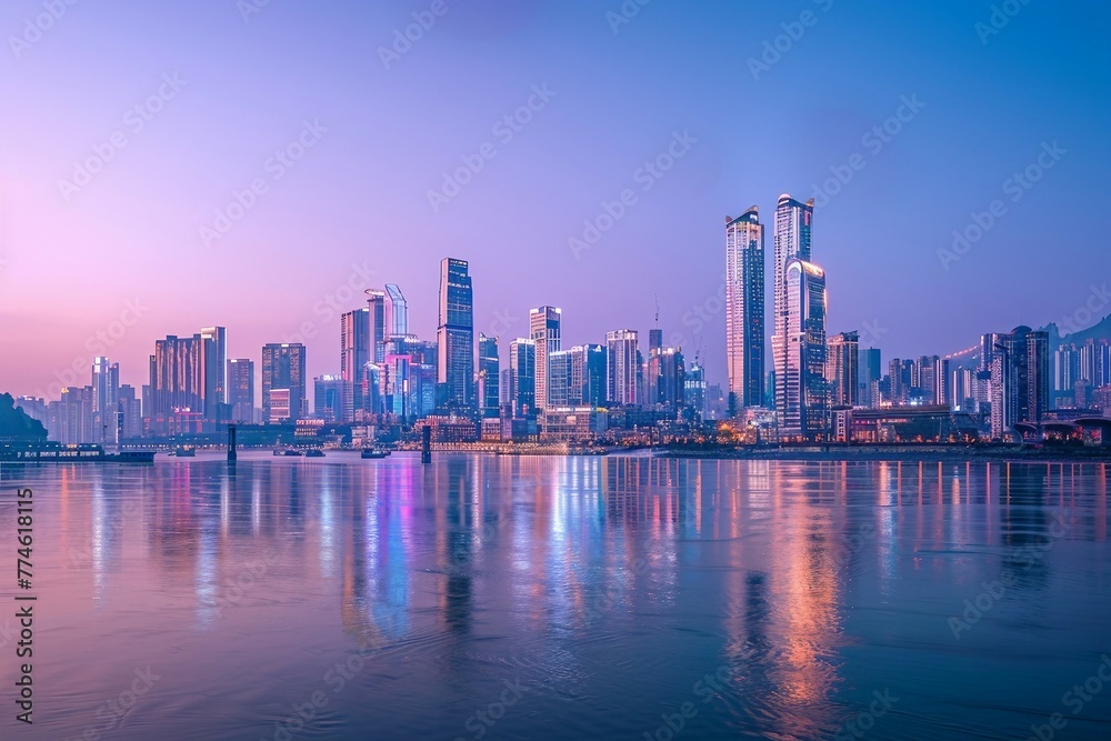 a city skyline with a body of water in the foreground