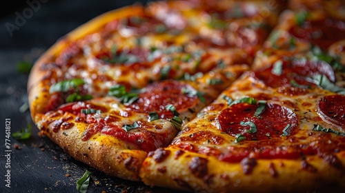  Close-up of a pepperoni pizza on a black surface with herbs on top and a slice being removed