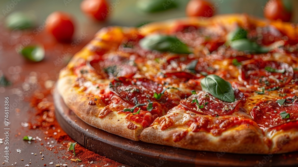 Pizza on cutting board with pepperoni and toppings Pizza on cutting board with pepperoni and toppings