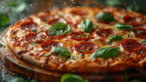  Close-up of pepperoni & basil pizza on wooden platter with sprinkled water