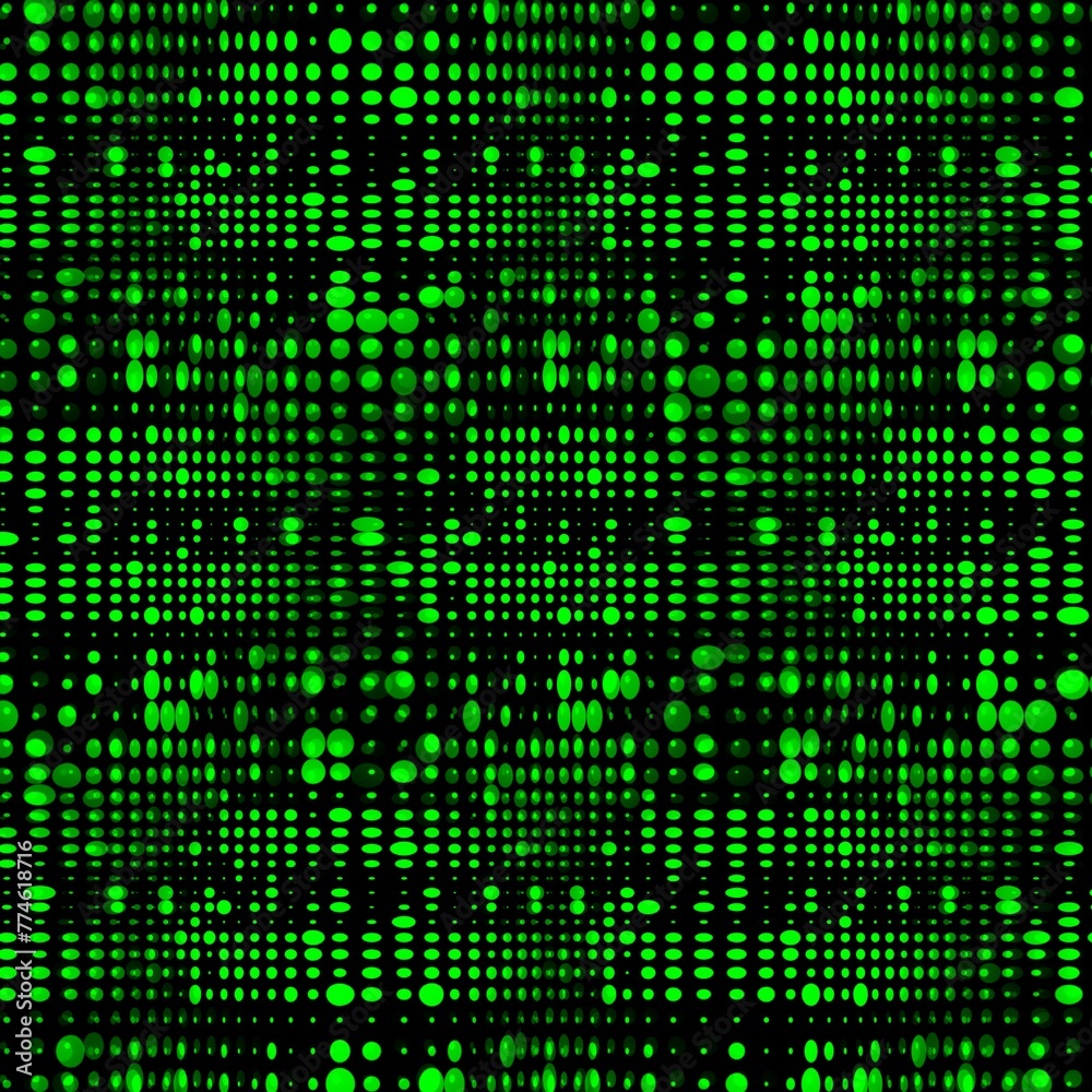 Neon green spots and dots of different sizes arranged to make a complex grid pattern and design on a black background Neon green spots and dots of different sizes arranged to make a complex grid pattern and design on a black background