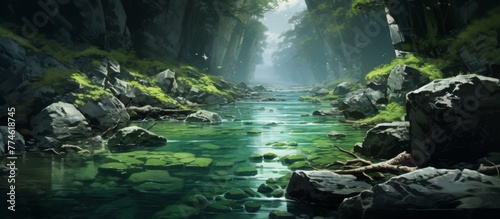 Tranquil painting featuring a winding river cutting through a lush forest, adorned with scattered rocks and various trees