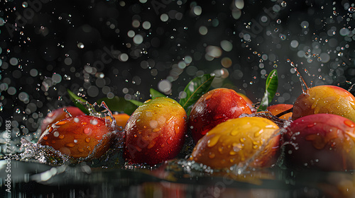 A bunch of ripe mangos, with water droplets, falling into a deep black water tank