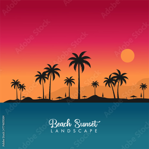 beach sunset vector illustration summer background silhouette with colorful tropical ocean sky