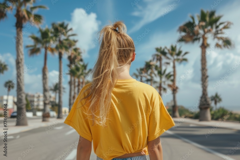 The back of an athletic woman wears a large yellow T-shirt. Standing against the backdrop of the road and palm trees
