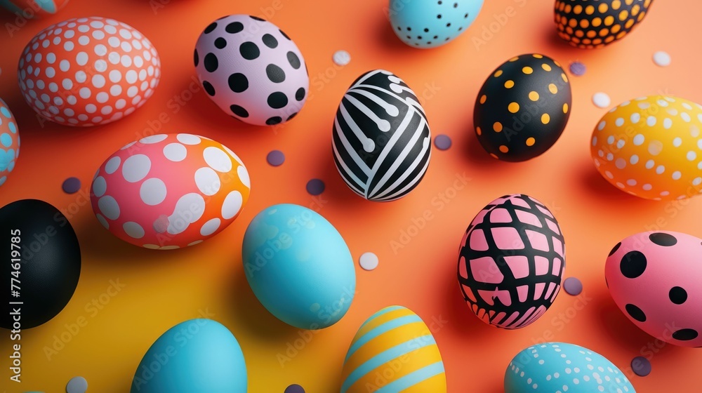 a bunch of colorful easter eggs on a red background . High quality AIG42E