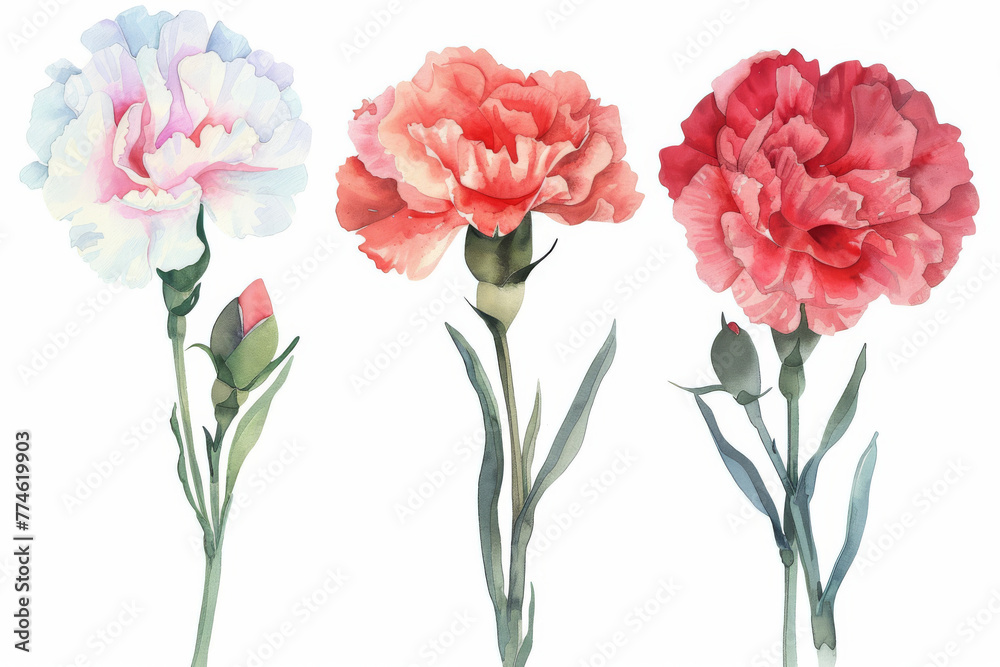 Three flowers with different colors and sizes. The flowers are pink and white