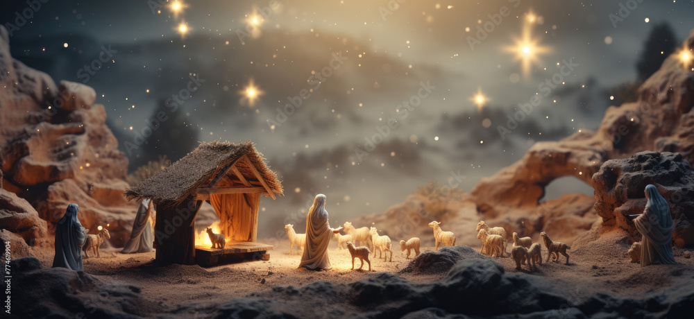 Birth of Jesus Christ. Christmas Nativity Scene, Jesus Christ, Mary and Joseph.