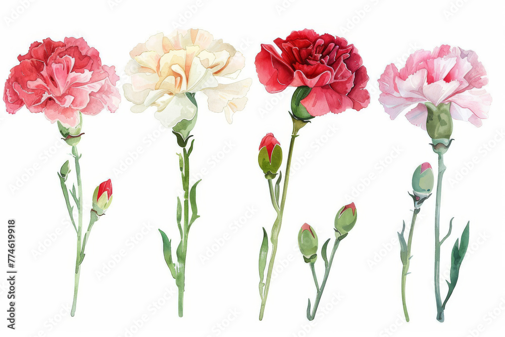 Four different colored flowers are shown in a row. The flowers are pink, white, and red. The flowers are arranged in a way that they are all facing the same direction