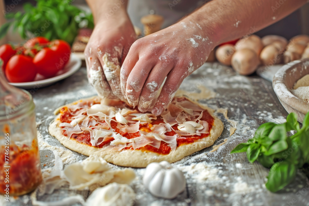 Hands Stretching Homemade Pizza Dough: Expressing the Flexibility of the Dough and Texture of Fresh Ingredients in an Artisan Display