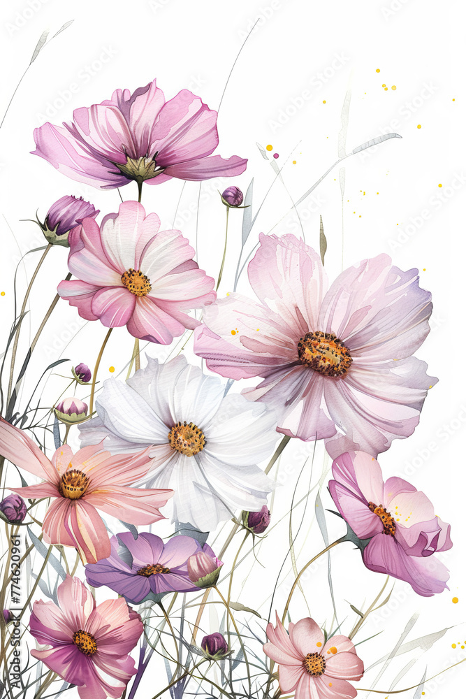 A painting of a field of flowers with a white background. The flowers are pink and white and are arranged in a way that creates a sense of depth and movement