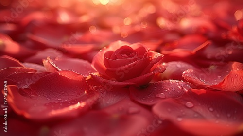   A red rose  photographed from above  with water droplets clinging to its petals and the sun shining brightly in the backdrop