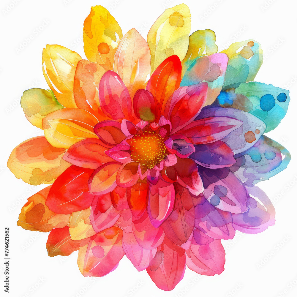 A colorful flower with a yellow center and red petals. The flower is surrounded by a white background