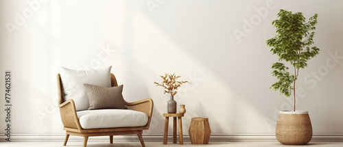 Unleash your creativity in a modern living room with boho elements including a wicker chair, floor vases, and a blank mockup poster frame against a pristine white wall.