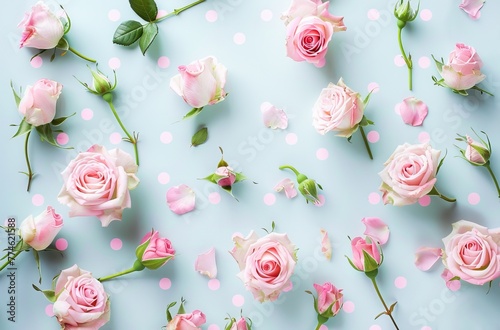Scattered Pink Roses and Petals on Pastel Blue Background Capturing a Whimsical Floral Arrangement