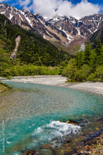 River Azusa flowing through the Kamikochi valley with snowy peaks (Kamikochi, Japan)