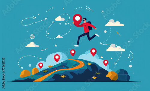 Businessman jumping from one location icon to another, vector illustration flat design. The concept of business mystery and hidden direction or city center point for travel plan
