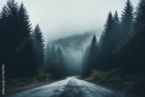 Foggy road in the pine forest, long exposure shot