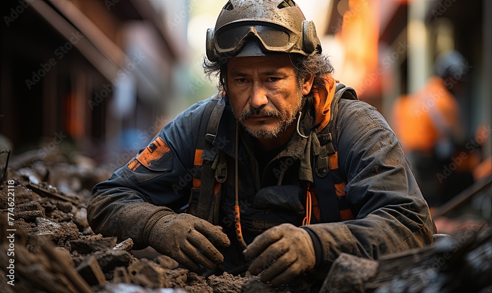 Man in Helmet and Goggles Crouches on Rubble Man in Helmet and Goggles Crouches on Rubble