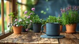  Wooden table with potted plants & coffee cup next to window