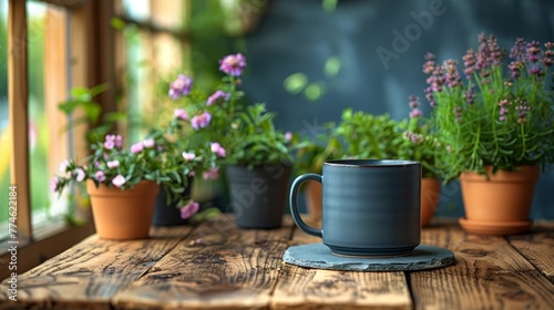  Wooden table with potted plants & coffee cup next to window