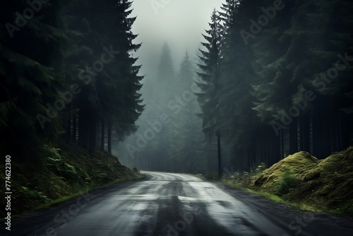 Foggy road in the pine forest, long exposure shot