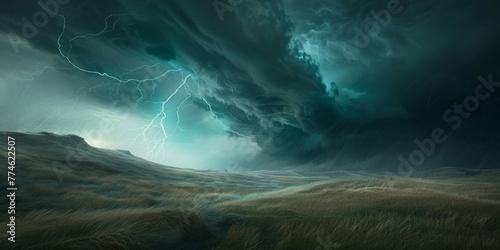 A hyper-realistic painting depicting a powerful supercell thunderstorm in the middle of a vast field