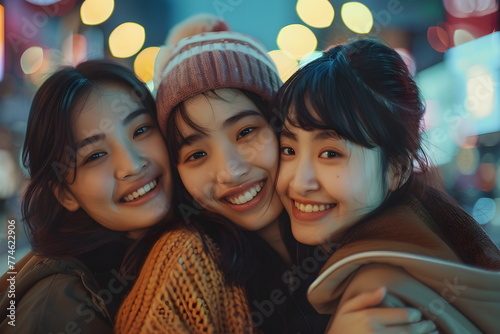 closeup of three asian women standing and hugging on the street