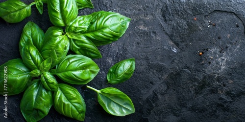 A cluster of fresh green basil leaves spread out on a dark black background