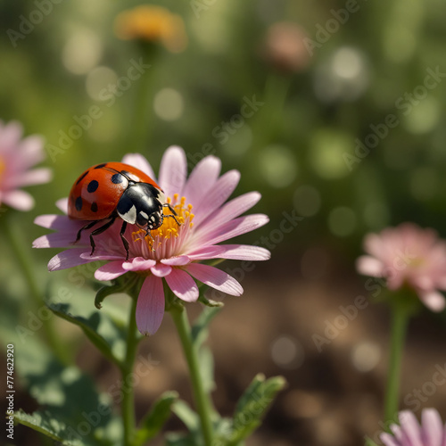 Spring blossoming colorful flowers and ladybug, 01