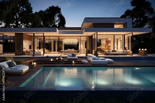Luxury modern house with swimming pool at night