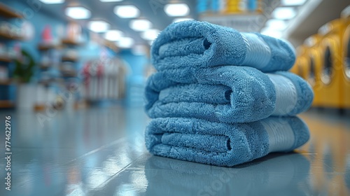  A mound of blue towels sits nearby a stack of yellow and white toilet paper on the floor
