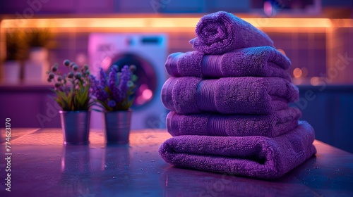  A stack of purple towels sits atop a table beside a potted plant and a washing machine