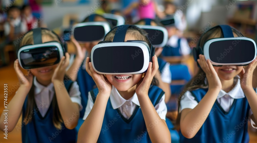 children in a schools classroom wearing VR glasses - kids using virtual reality for education children in a schools classroom wearing VR glasses - kids using virtual reality for education