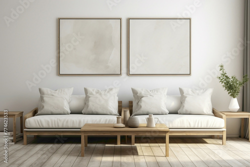 Tranquil Scandinavian lounge adorned with twin sofas, a weathered wooden table, and an empty frame for custom artwork or text.