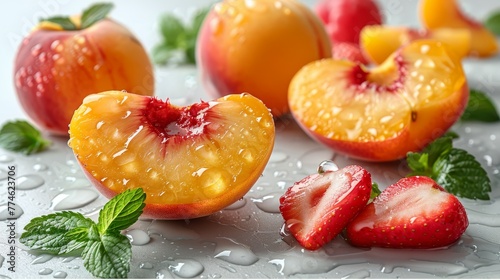  A couple of peaches and some strawberries on a white surface with water droplets on top