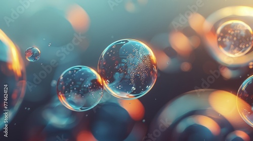 A cluster of iridescent spheres hovering above a gradient of azure and gold, with a hazy depiction of bubble clusters intertwined