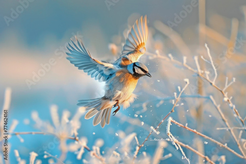 Delicate Bird Landing on a Frost-Covered Meadow on a Winter Morning: Capturing the Fragility and Beauty of Life Amidst the Frozen Nature © cwa