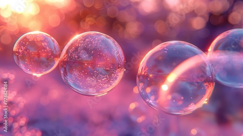  A group of soap bubbles float on a purple-pink background, with a blurred image of bubbles stacked atop one another