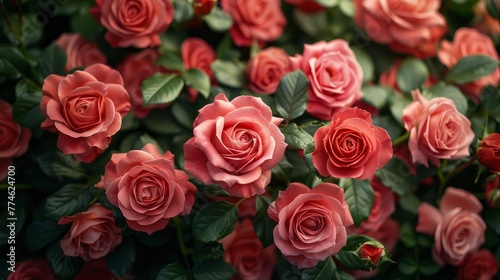   A close-up of several pink roses with green foliage in the foreground and a single red rose in the background