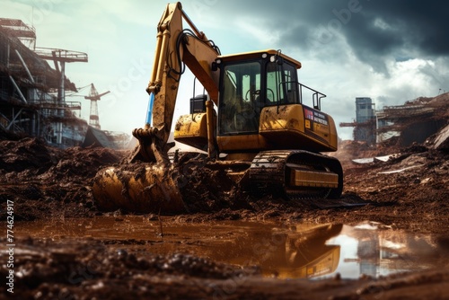 Heavy machinery digging up earth at a construction site, close up of Backhoe bucket working on old building demolition site, AI generated