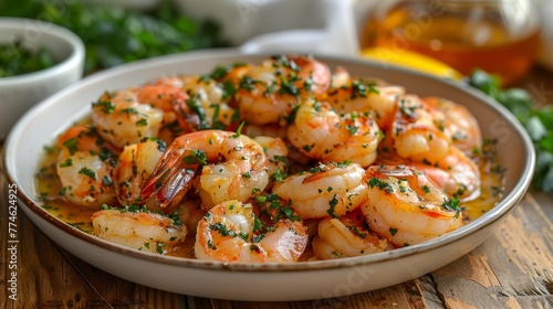  White bowl holding shrimp, garnished with parsley on wooden table beside glass of beer