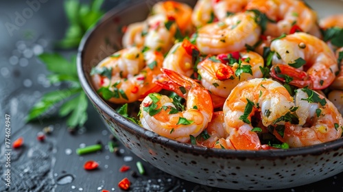  A bowl brimming with succulent cooked shrimp artfully adorned with both cilantro and parsley