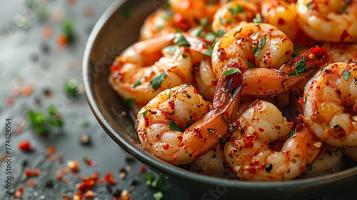  A bowl brimming with steamed shrimp and adorned with a sprig of red pepper and parsley