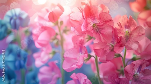  A field of pink and blue flowers fills the foreground, while a hazy background shows more of the same