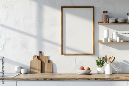 Modern interior design of kitchen space with empty wooden frame on the wall, mock up Minimalistic concept of kitchen space on country side. Natural climat. photo