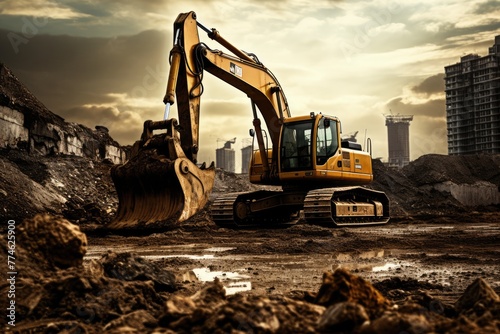 Heavy machinery digging up earth at a construction site, Close up of a digger digging foundation at construction site, AI generated