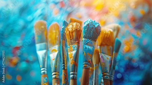  A close-up of various colored and sized paintbrushes arranged in a group
